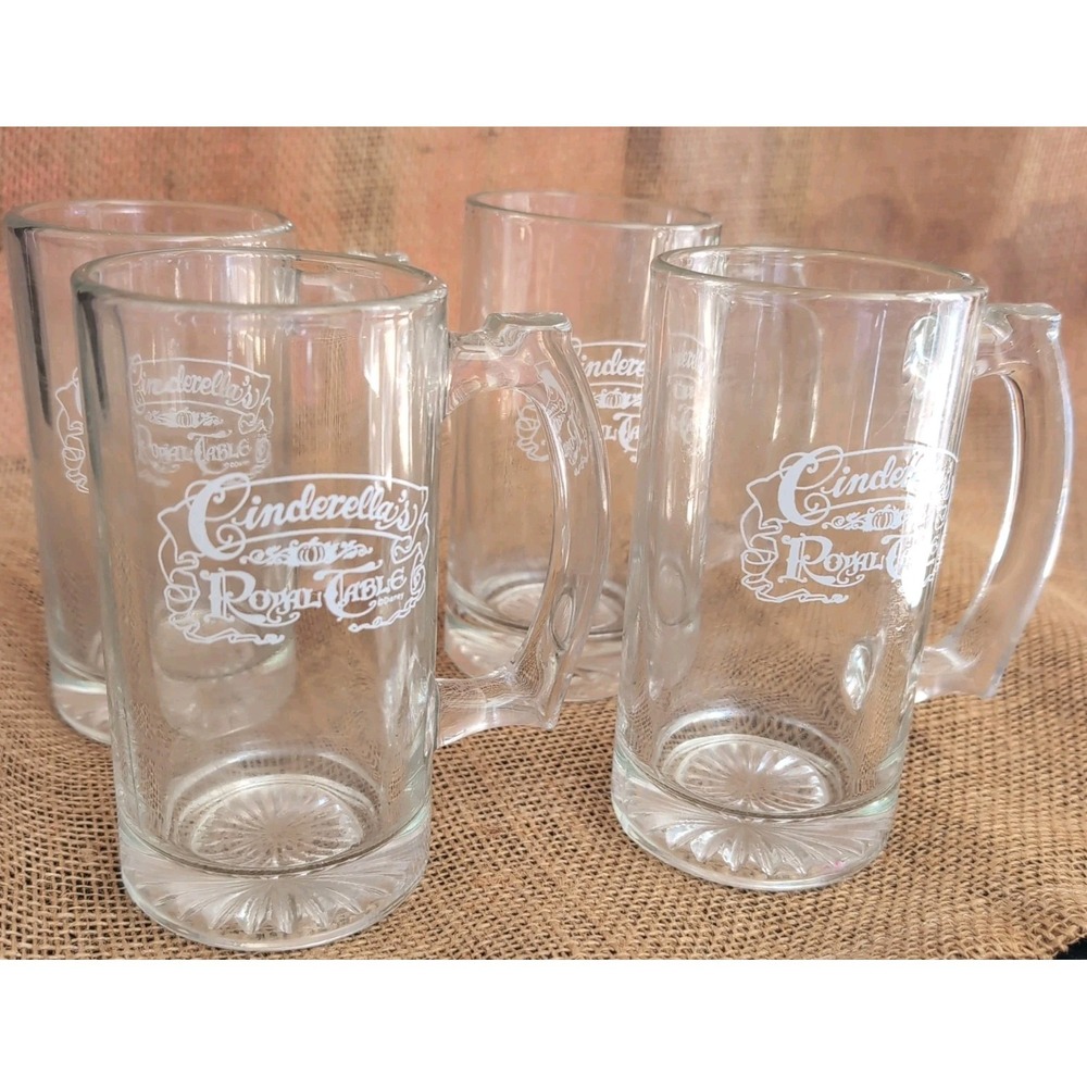 Set of 4 Vintage Disney Cinderella's Royal Table Glass Mugs 5 1/2" w/ handles